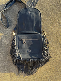Montana West Genuine Leather Hair-On Cowhide Fringe Bohemian Crossbody - Navy