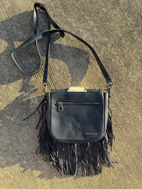 Montana West Genuine Leather Hair-On Cowhide Fringe Bohemian Crossbody - Navy
