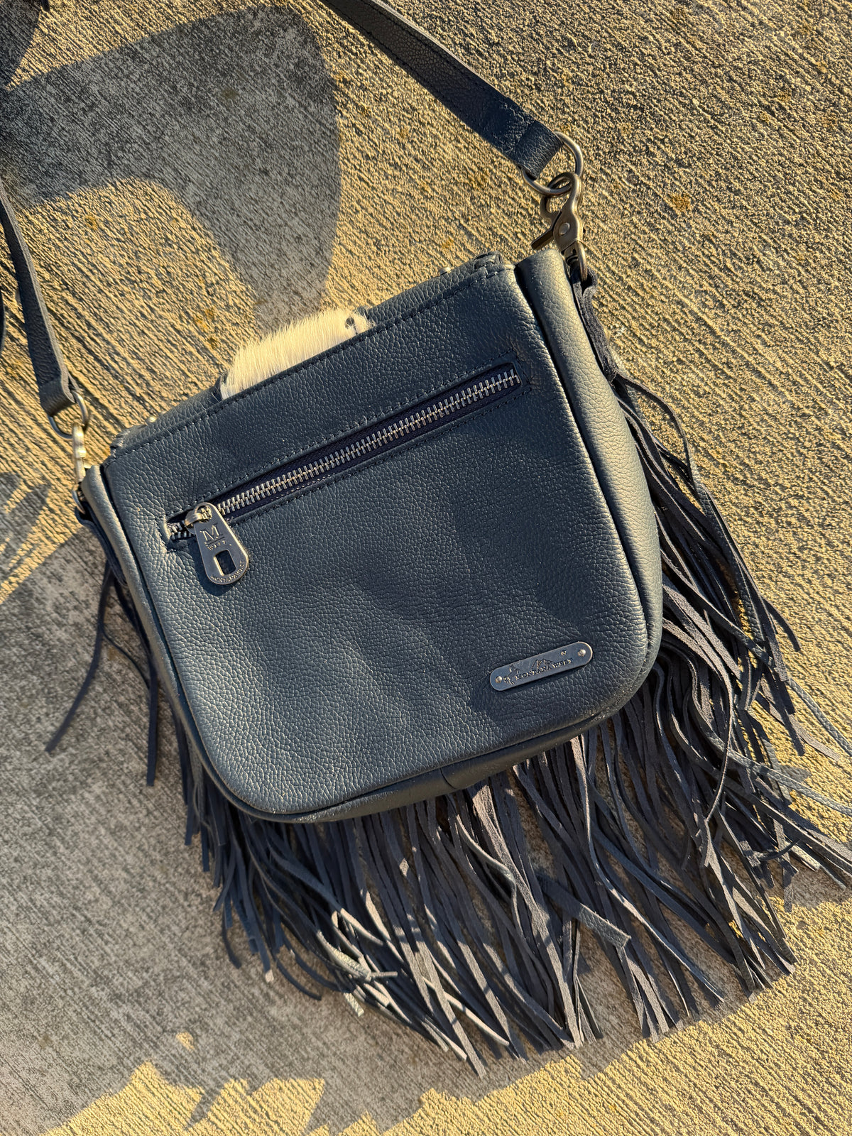 Montana West Genuine Leather Hair-On Cowhide Fringe Bohemian Crossbody - Navy