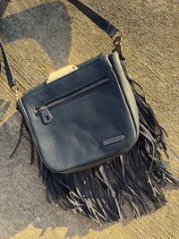 Montana West Genuine Leather Hair-On Cowhide Fringe Bohemian Crossbody - Navy