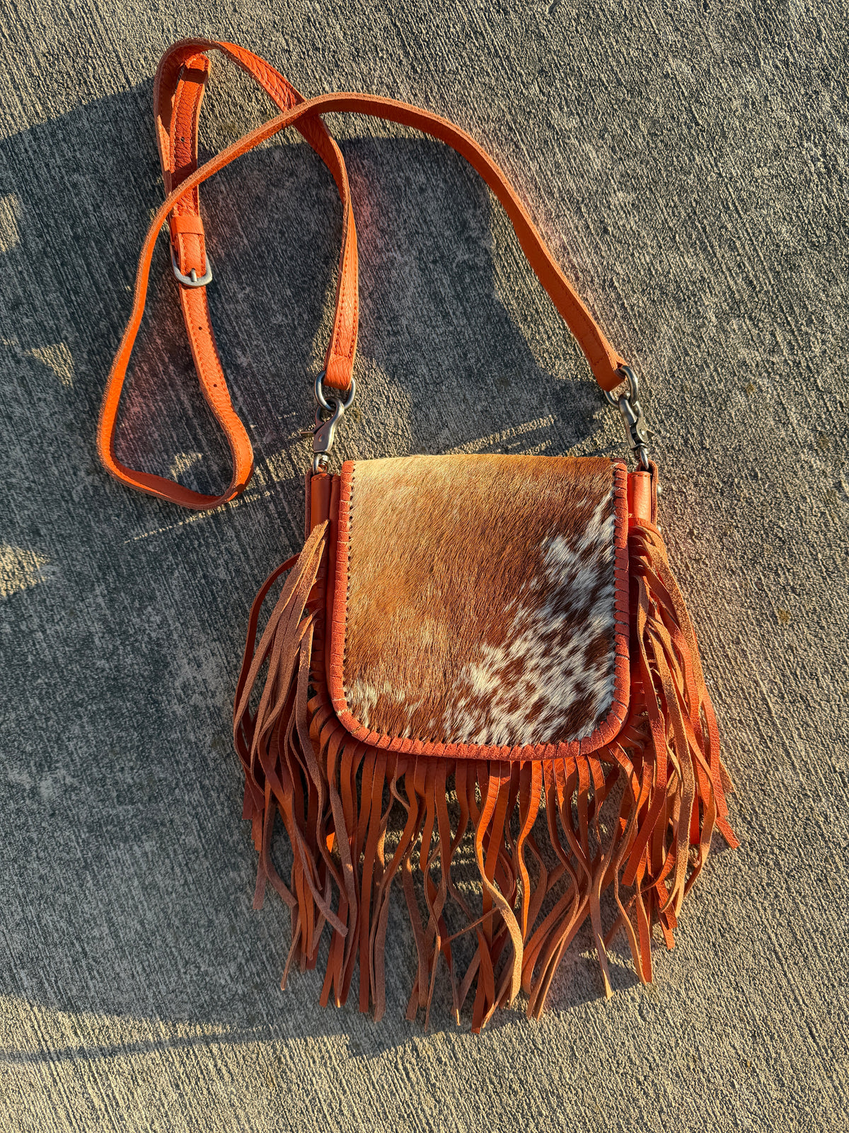 Montana West Genuine Leather Hair-On Collection Fringe Crossbody -Coffee-Orange