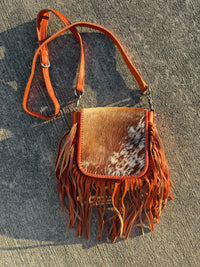 Montana West Genuine Leather Hair-On Collection Fringe Crossbody -Coffee-Orange