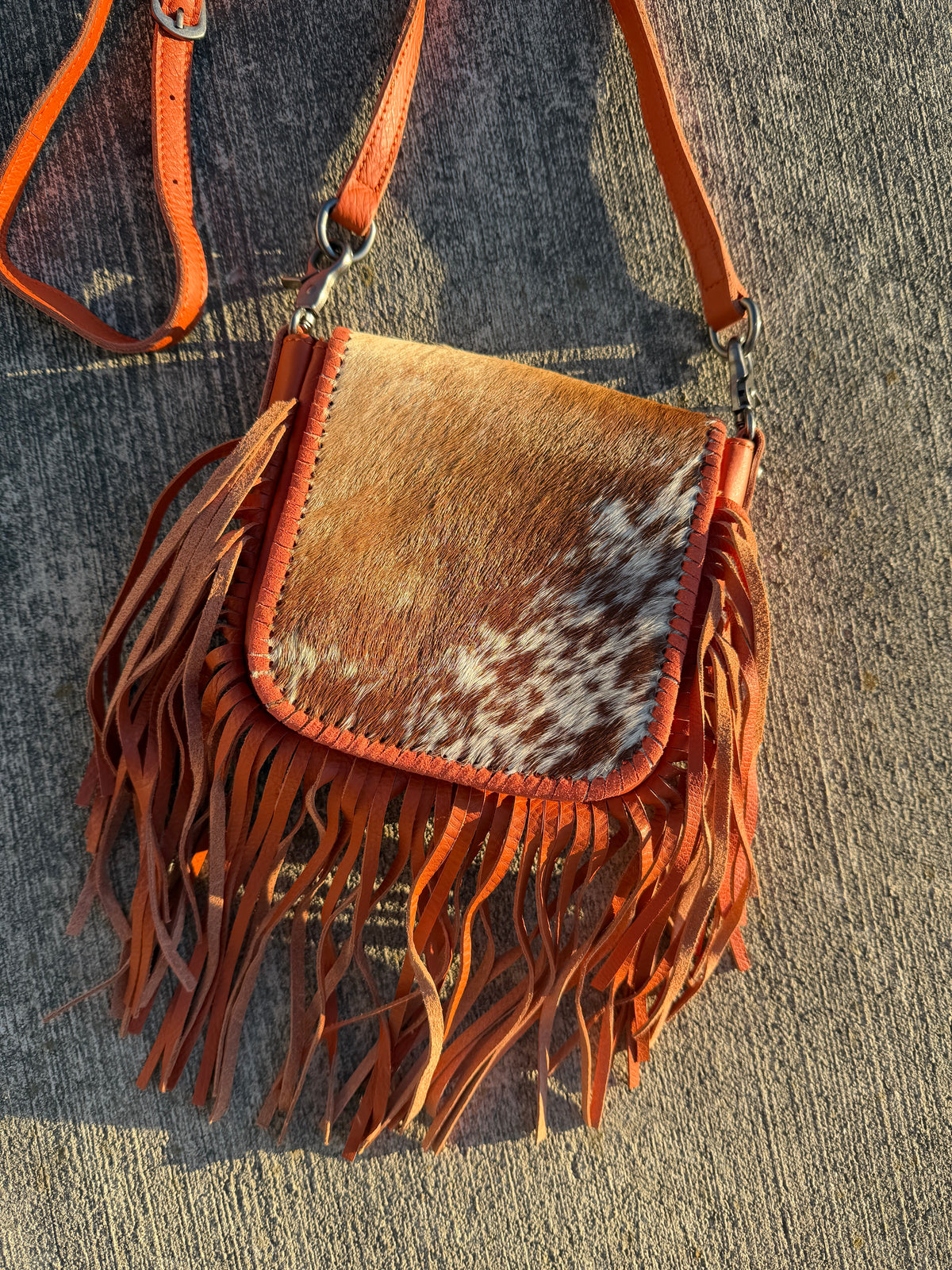 Montana West Genuine Leather Hair-On Collection Fringe Crossbody -Coffee-Orange