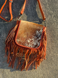 Montana West Genuine Leather Hair-On Collection Fringe Crossbody -Coffee-Orange