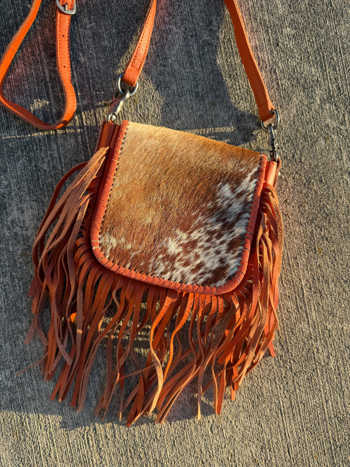 Montana West Genuine Leather Hair-On Collection Fringe Crossbody -Coffee-Orange