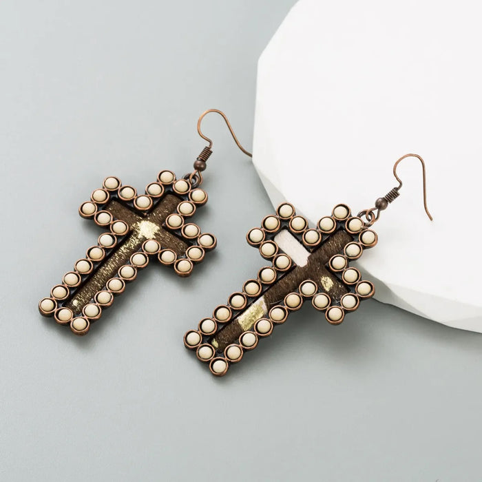 Western Copper Cross Cow Hide Earrings