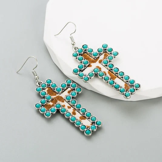 Western Turquoise Cross Cow Hide Earrings