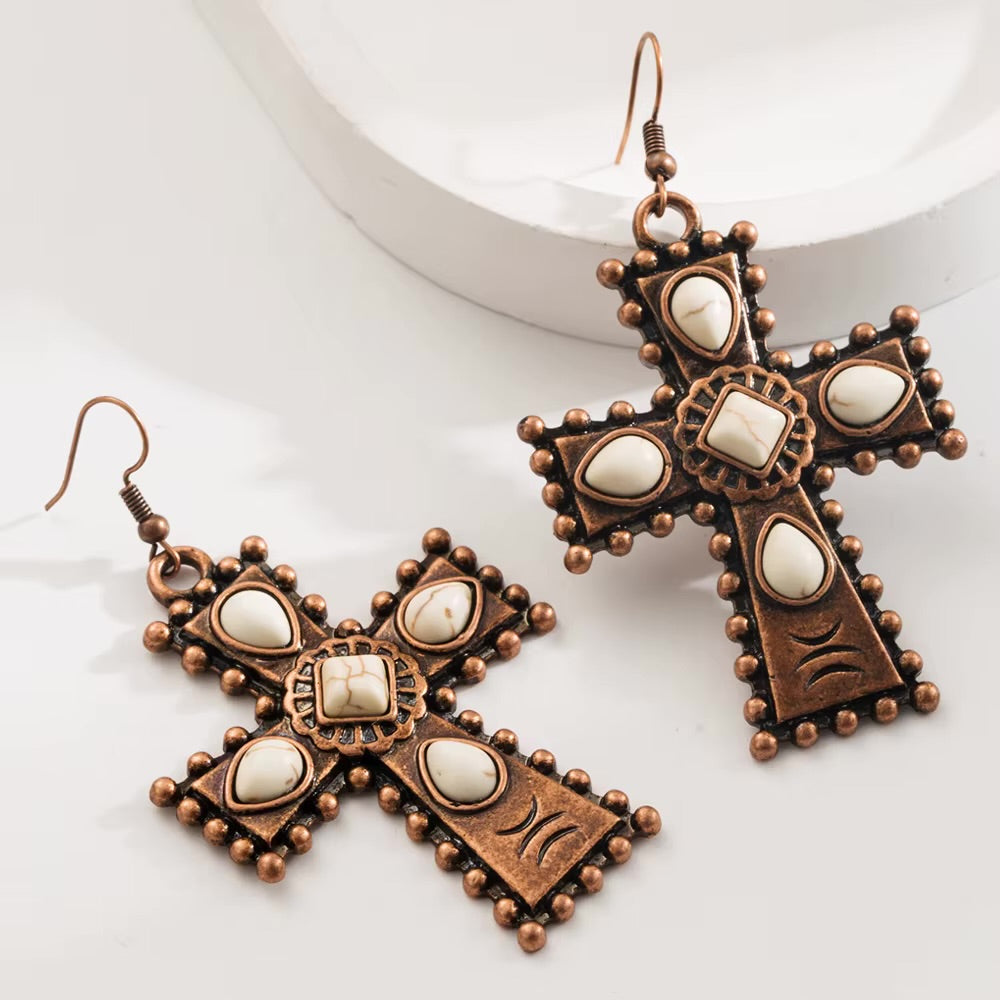 Western Copper Cross Statement Earrings