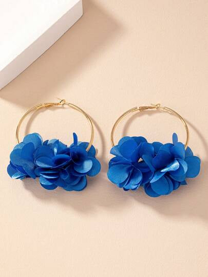 Floral Hoop Earrings  - Blue