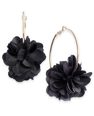Floral Hoop Earrings  - Black