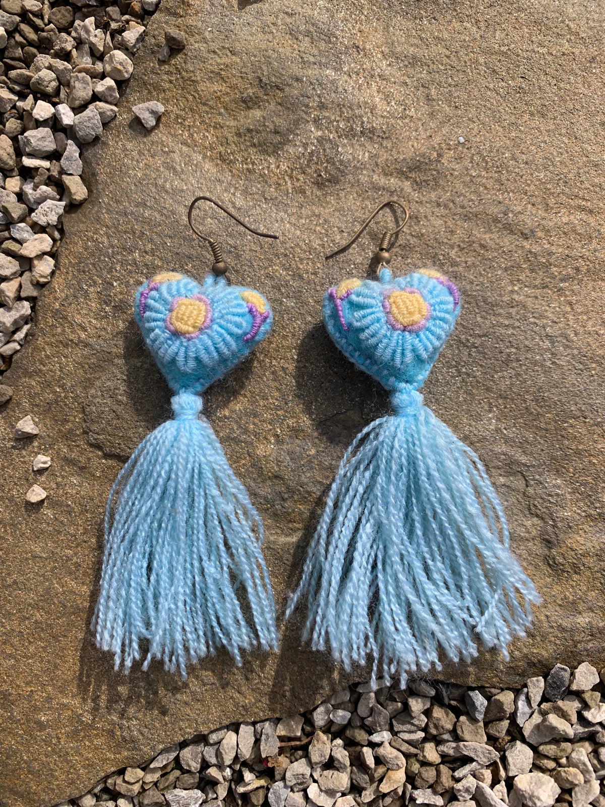 Heart Pom Embroidered Tassel Earrings - Light Blue