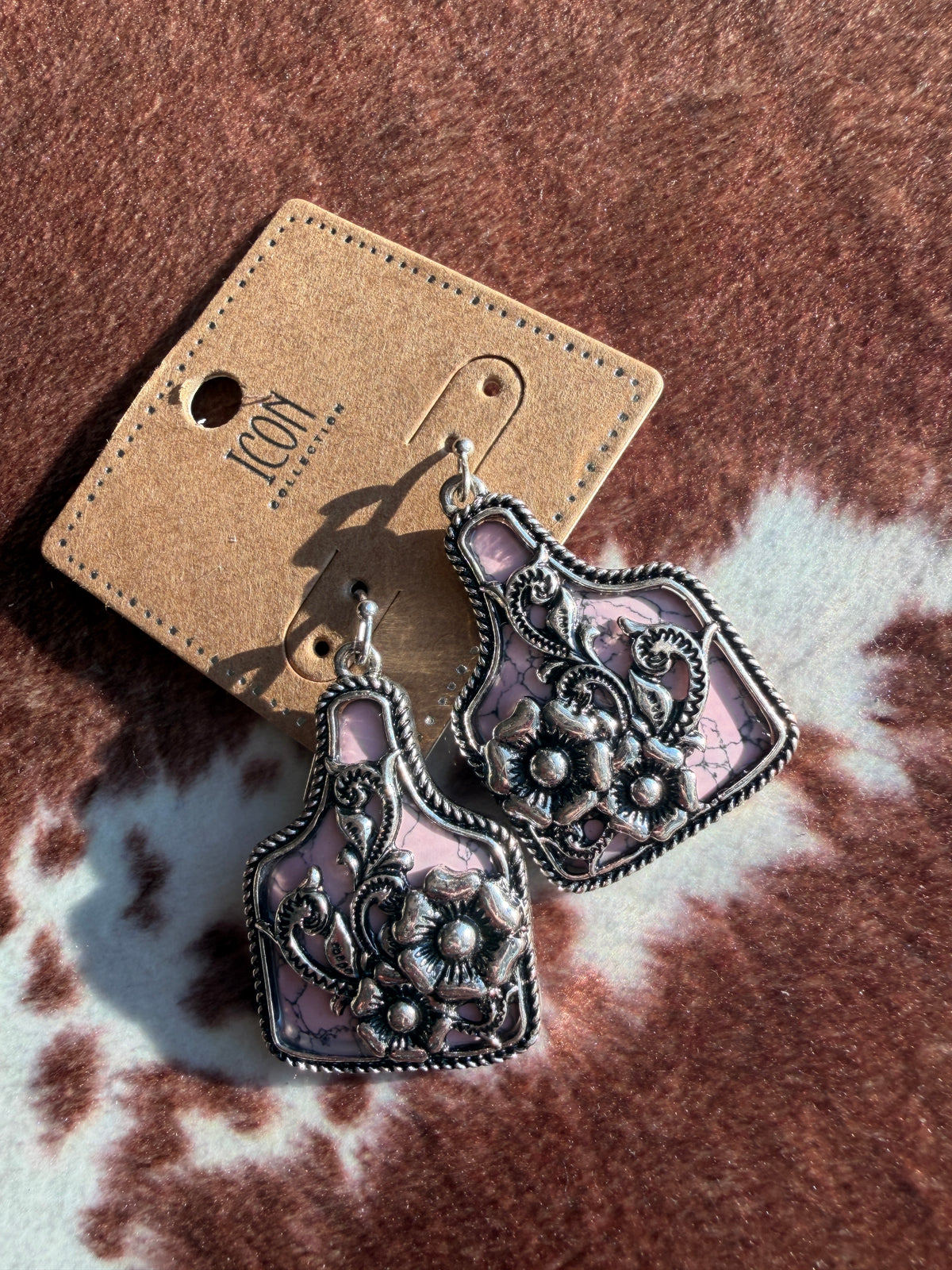 Western Blush Cow Tag Earrings