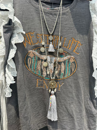 Coastal Cowgirl Multi Strand Statement Tassel Necklace - Gray