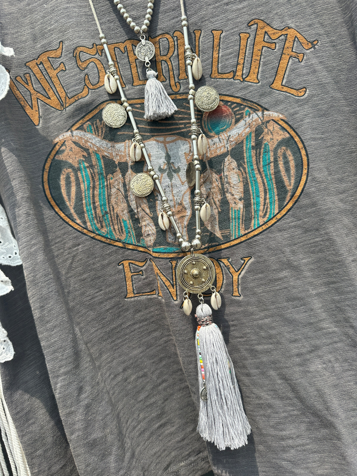 Coastal Cowgirl Multi Strand Statement Tassel Necklace - Gray