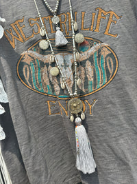 Coastal Cowgirl Multi Strand Statement Tassel Necklace - Gray