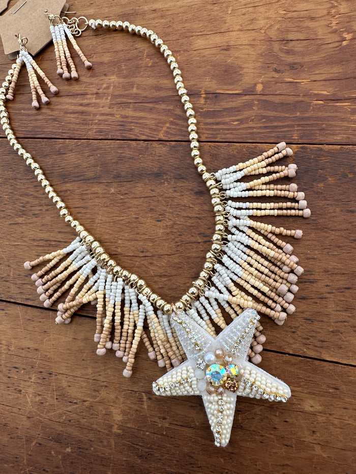 Starfish Beaded Fringed Necklace + Earring Set