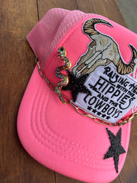 Raising Hell with the Hippies and the Cowboys Neon Pink Embellished Trucker Hat