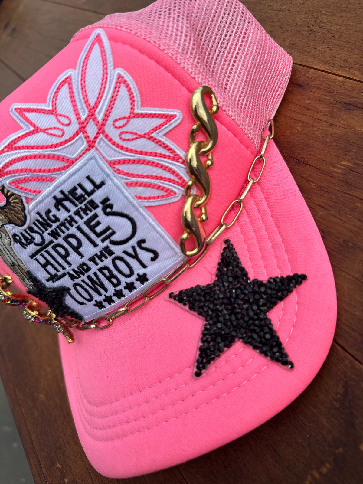Raising Hell with the Hippies and the Cowboys Neon Pink Embellished Trucker Hat