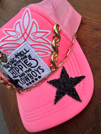 Raising Hell with the Hippies and the Cowboys Neon Pink Embellished Trucker Hat