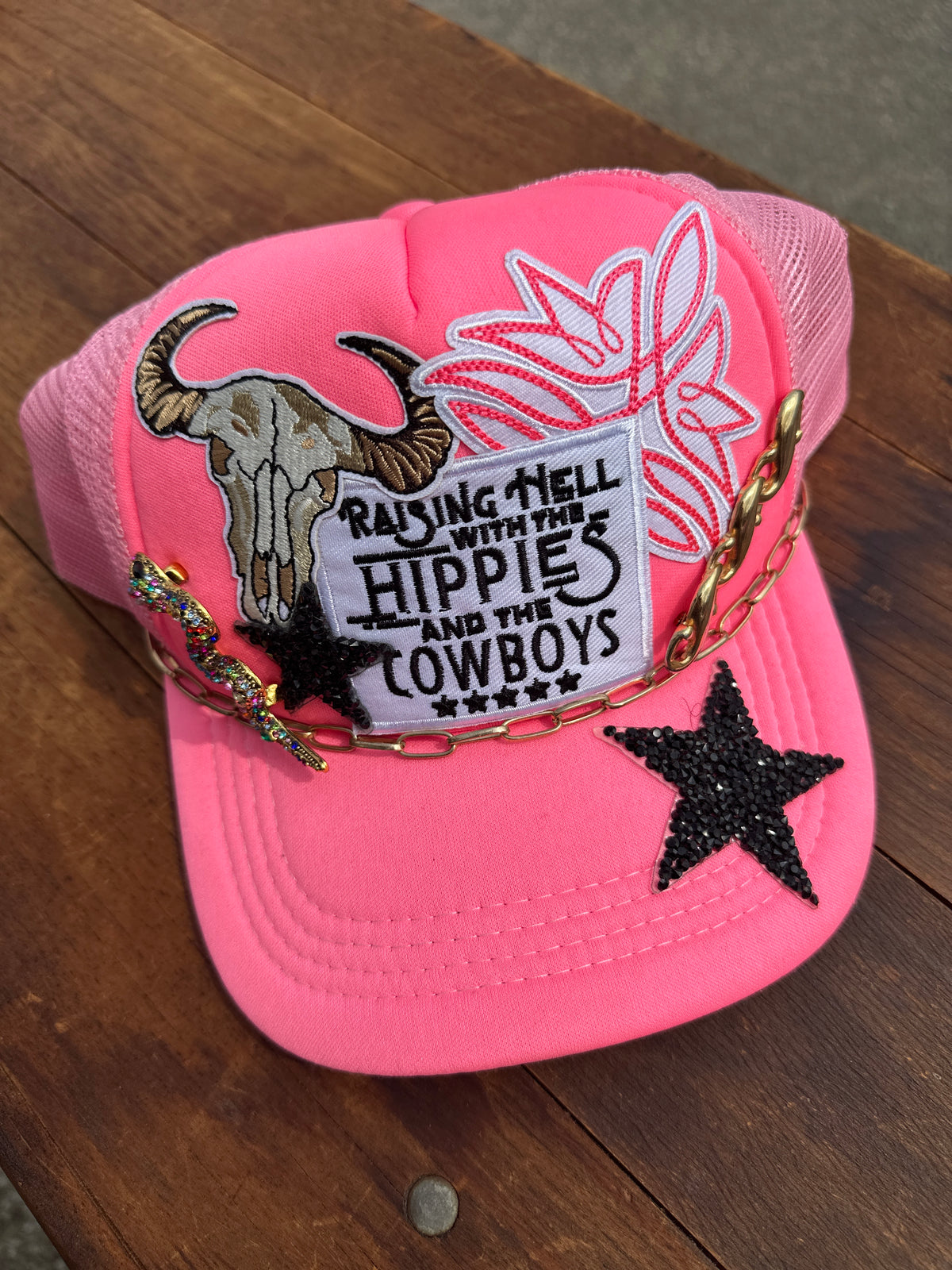 Raising Hell with the Hippies and the Cowboys Neon Pink Embellished Trucker Hat