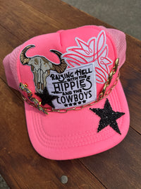 Raising Hell with the Hippies and the Cowboys Neon Pink Embellished Trucker Hat