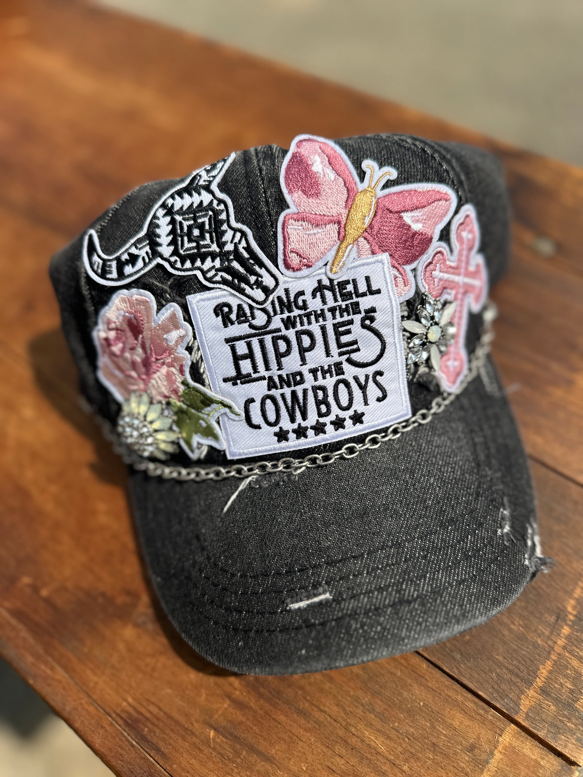 Raising Hell with the Hippies and the Cowboys Denim Embellished Trucker Hat