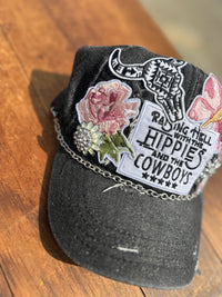 Raising Hell with the Hippies and the Cowboys Denim Embellished Trucker Hat