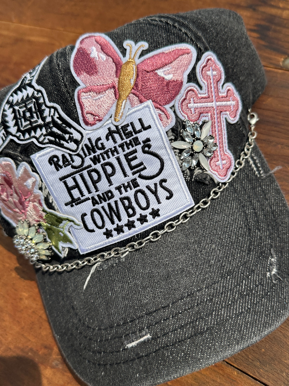 Raising Hell with the Hippies and the Cowboys Denim Embellished Trucker Hat