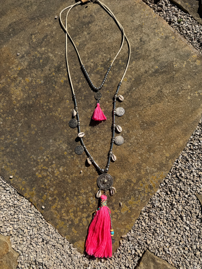 Coastal Cowgirl Multi Strand Statement Tassel Necklace - Neon Pink