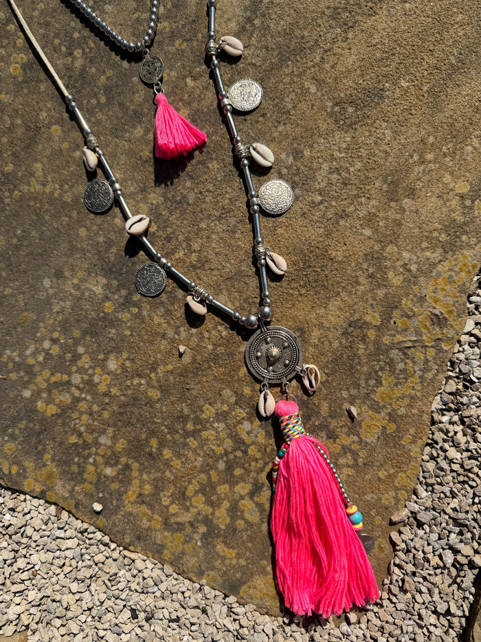 Coastal Cowgirl Multi Strand Statement Tassel Necklace - Neon Pink