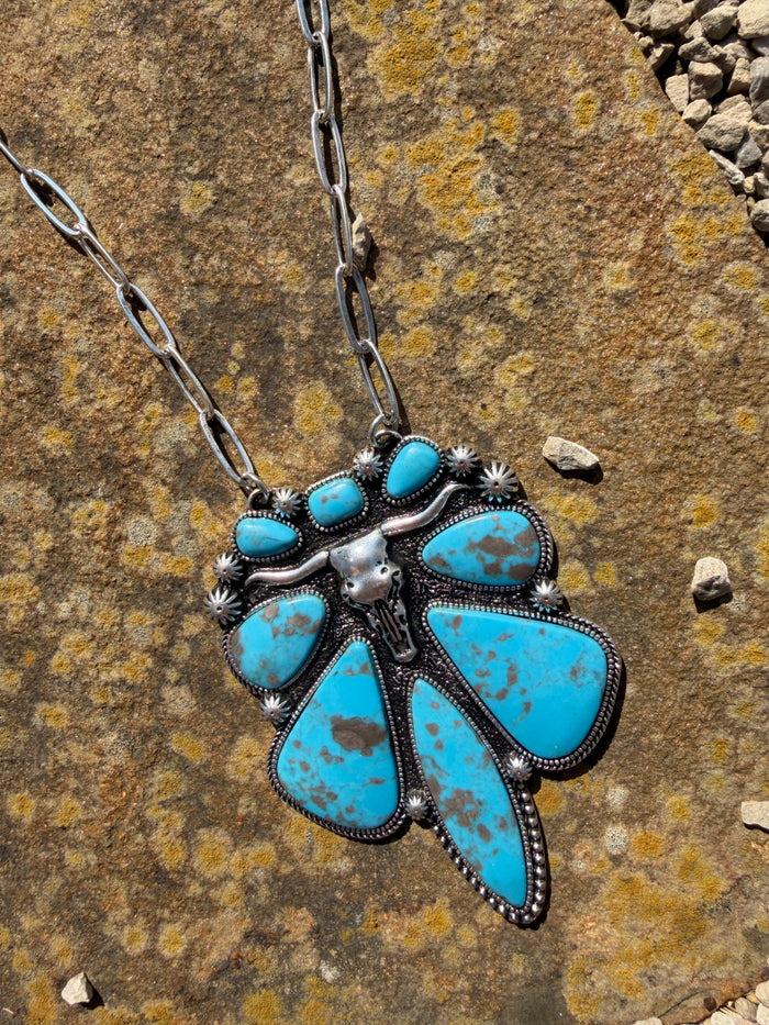 Western Turquoise Cow Skull Necklace