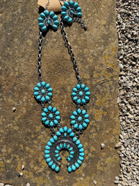 Western Turquoise Squash Blossom Necklace + Earring Set