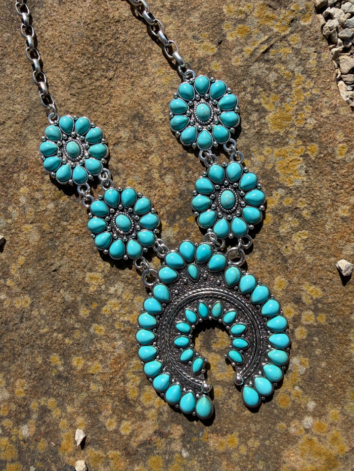 Western Turquoise Squash Blossom Necklace + Earring Set