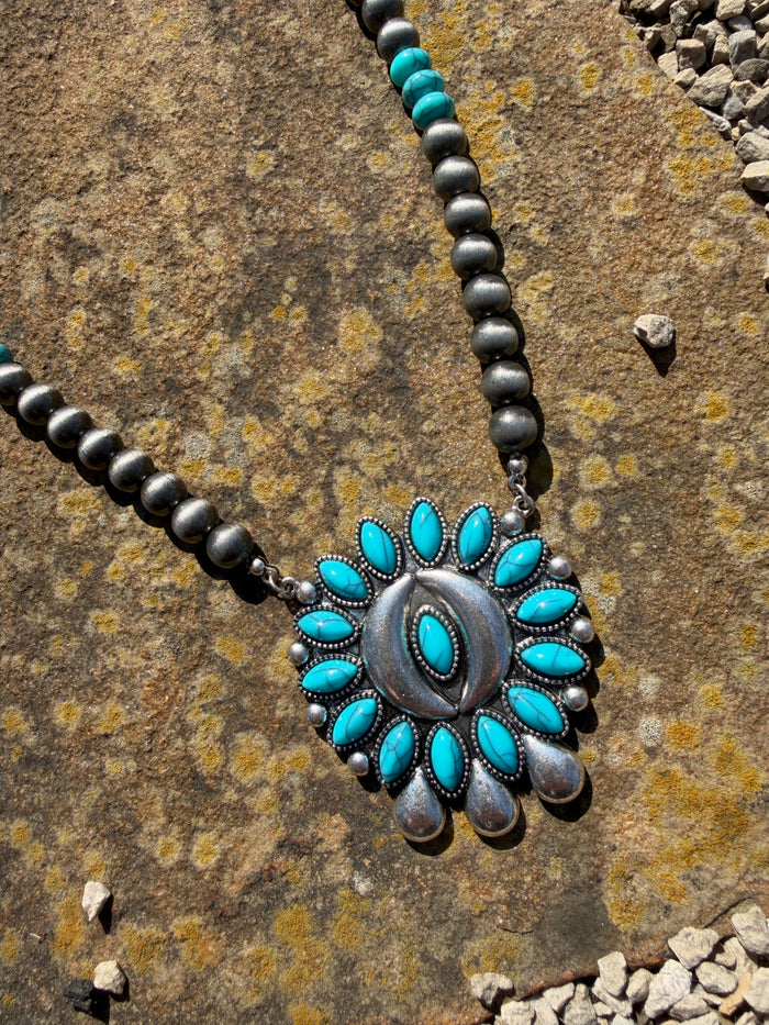 Western Turquoise Squash Blossom Navajo Beaded Necklace