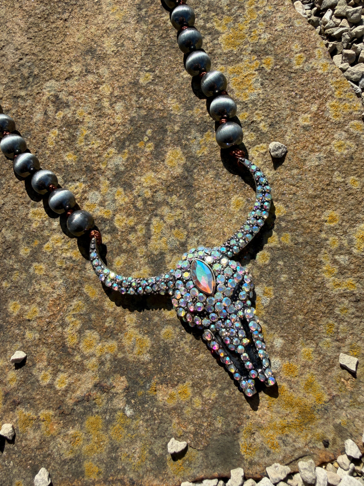 Western Cow Skull Encrusted Navajo Beaded Necklace