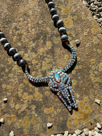 Western Cow Skull Encrusted Navajo Beaded Necklace