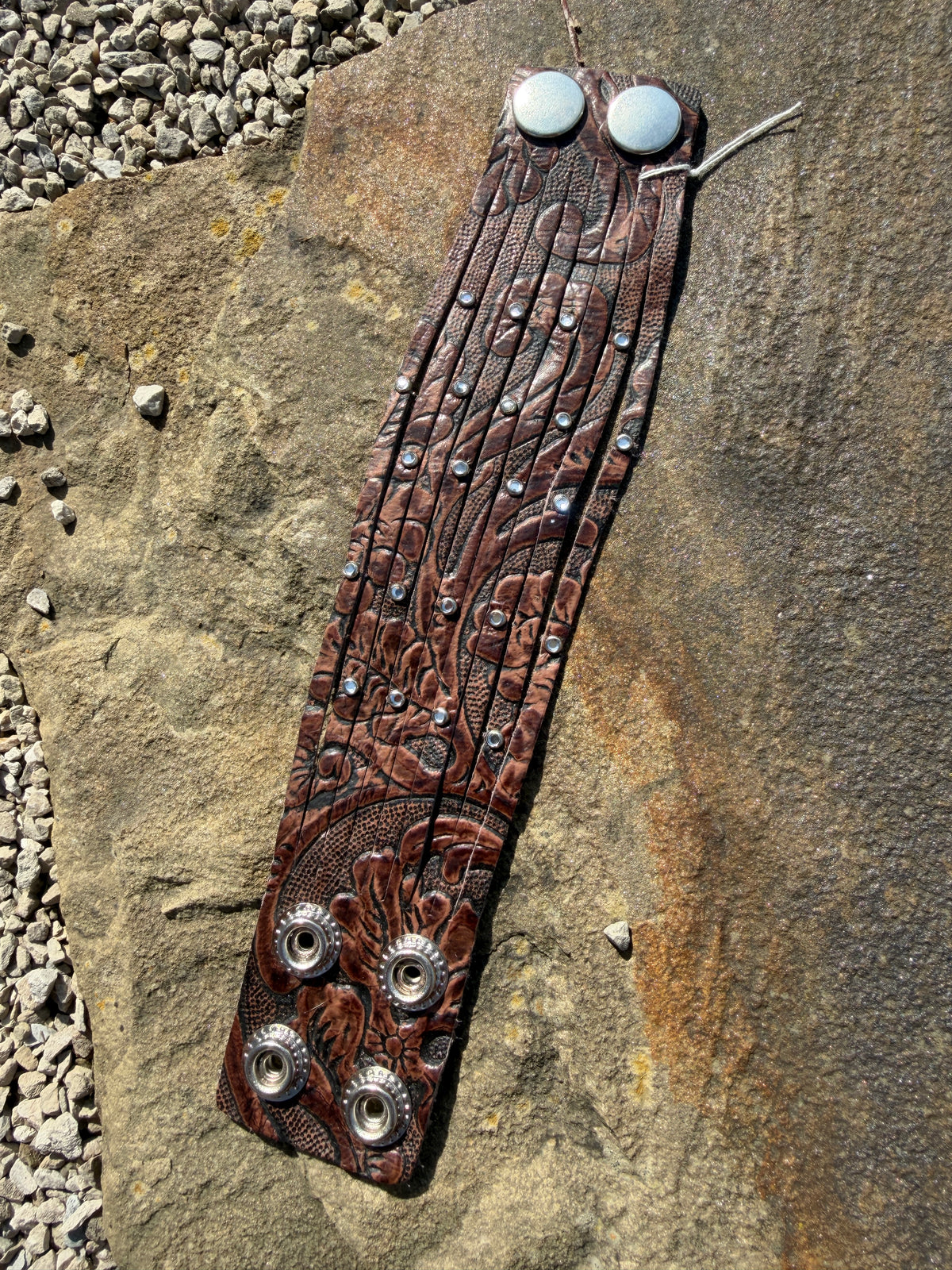 Rhinestone Tooled Leather 2.5" Cuff - Dark Brown