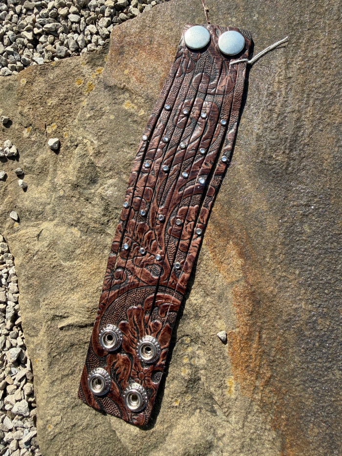 Rhinestone Tooled Leather 2.5" Cuff - Dark Brown