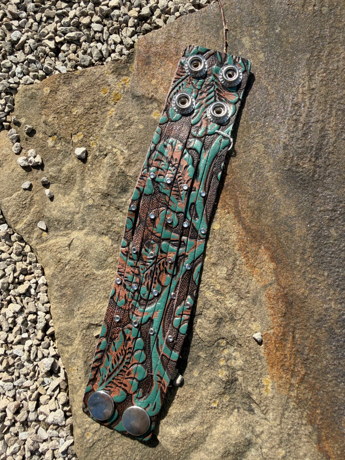 Rhinestone Tooled Leather 2.5" Cuff - Teal