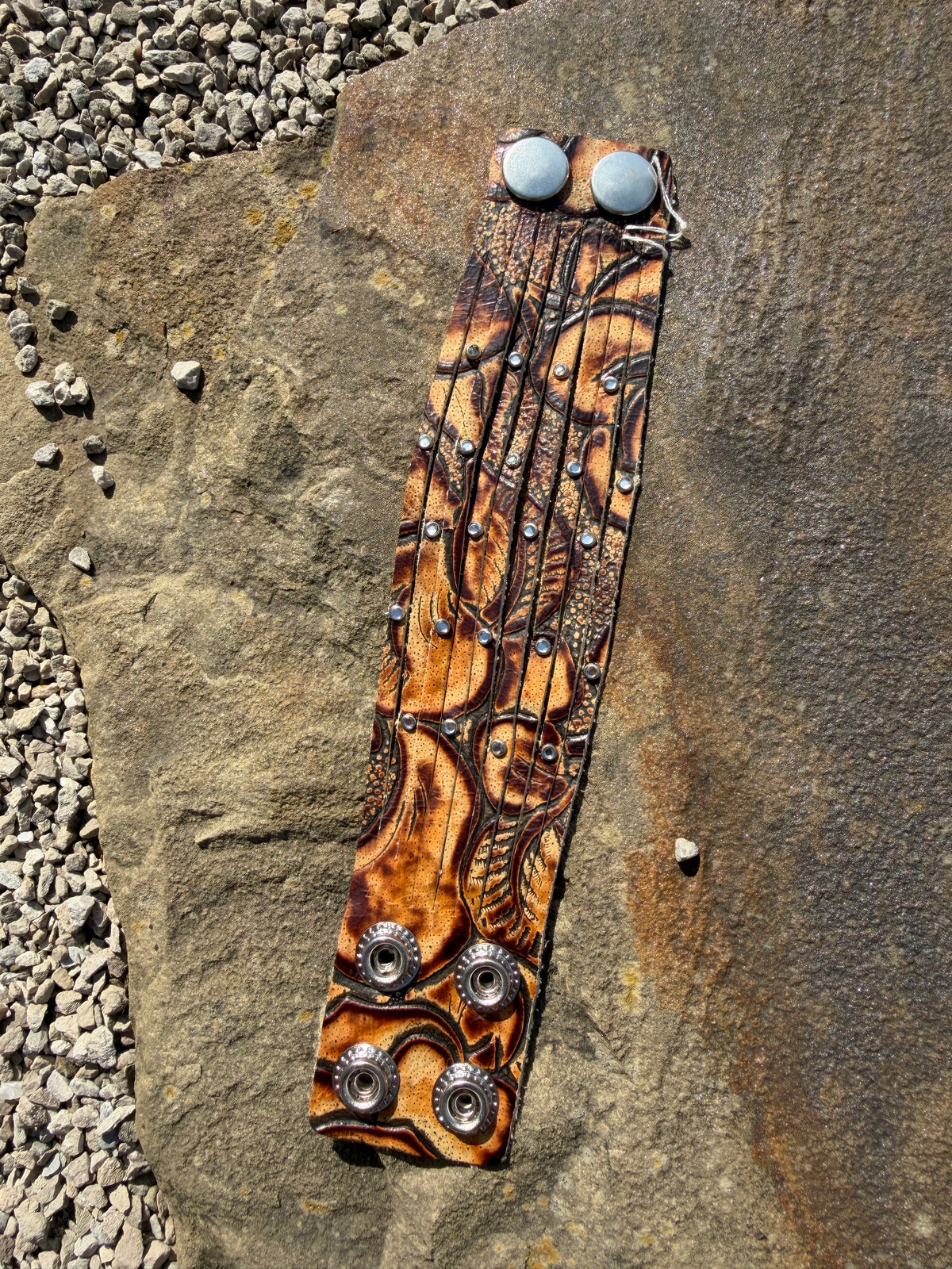 Rhinestone Tooled Leather 2.5" Cuff - Tan