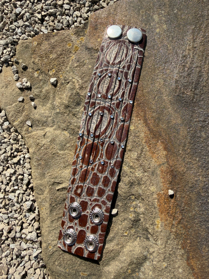 Rhinestone Tooled Leather 2.5" Cuff - Brown