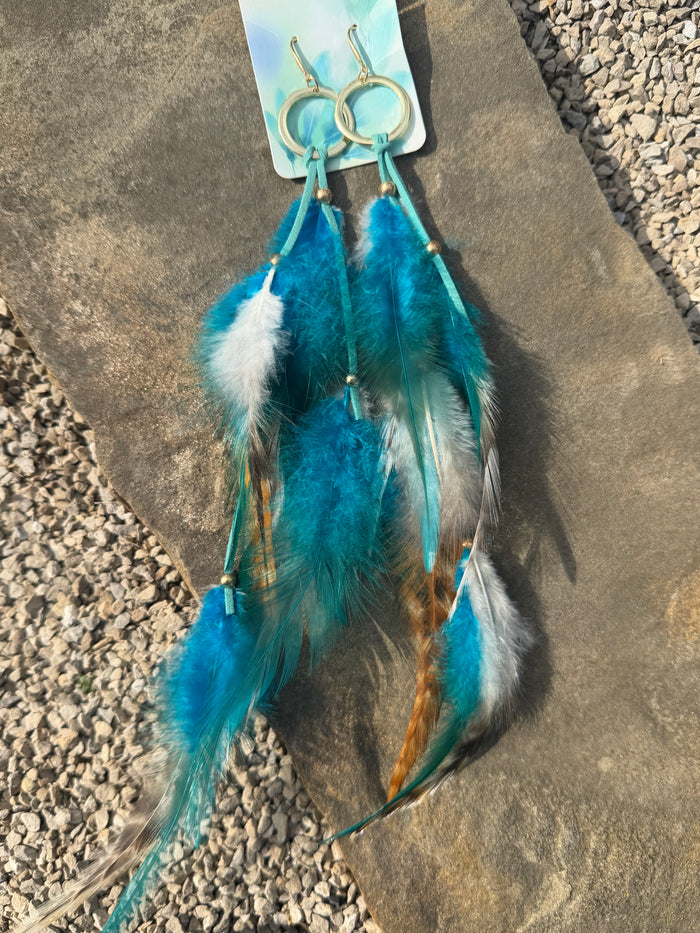 Teal Cascade Feather Earrings