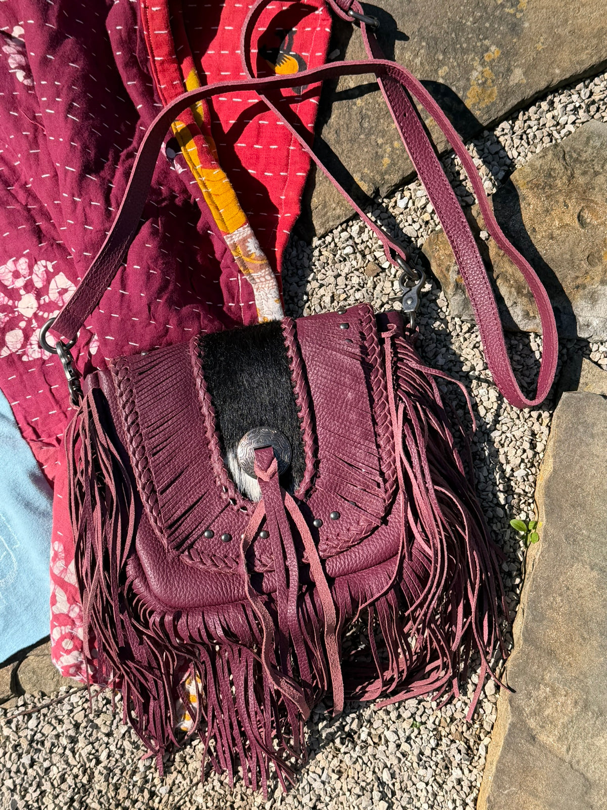 Montana West Genuine Leather Hair-On Cowhide Fringe Bohemian Crossbody - Eggplant