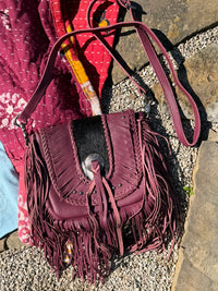 Montana West Genuine Leather Hair-On Cowhide Fringe Bohemian Crossbody - Eggplant