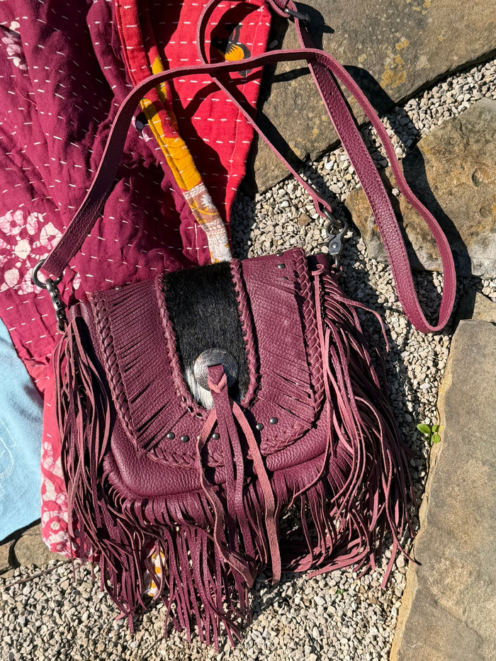 Montana West Genuine Leather Hair-On Cowhide Fringe Bohemian Crossbody - Eggplant