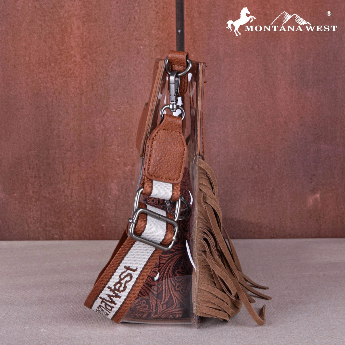 Montana West Western Fringe Stadium Clear Crossbody Bag with Detachable Pouch - Brown