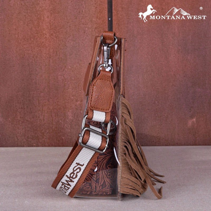 Montana West Western Fringe Stadium Clear Crossbody Bag with Detachable Pouch - Brown