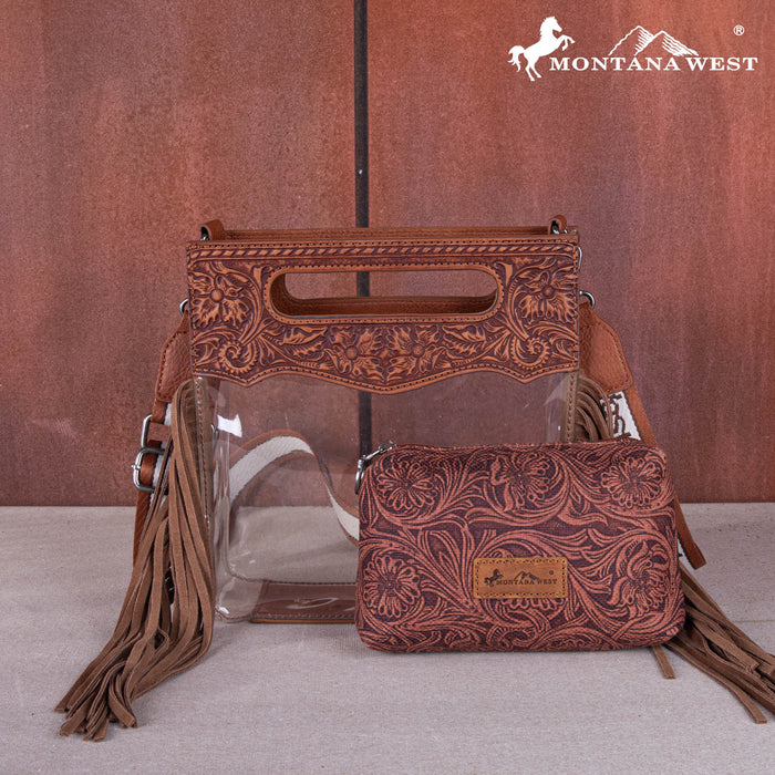 Montana West Western Fringe Stadium Clear Crossbody Bag with Detachable Pouch - Brown