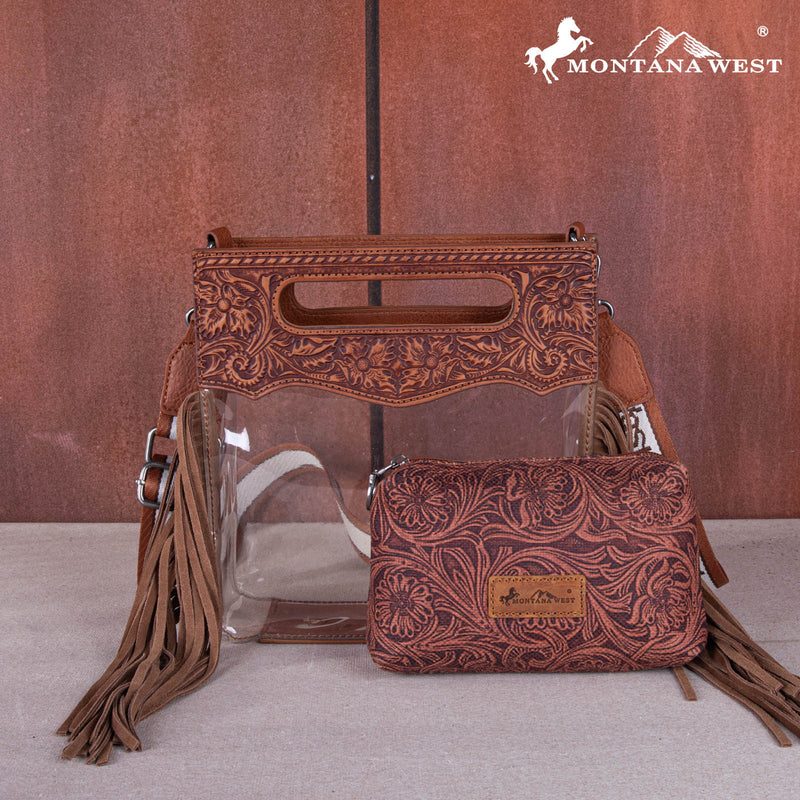 Montana West Western Fringe Stadium Clear Crossbody Bag with Detachable Pouch - Brown