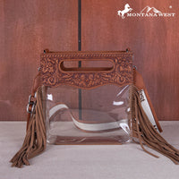 Montana West Western Fringe Stadium Clear Crossbody Bag with Detachable Pouch - Brown